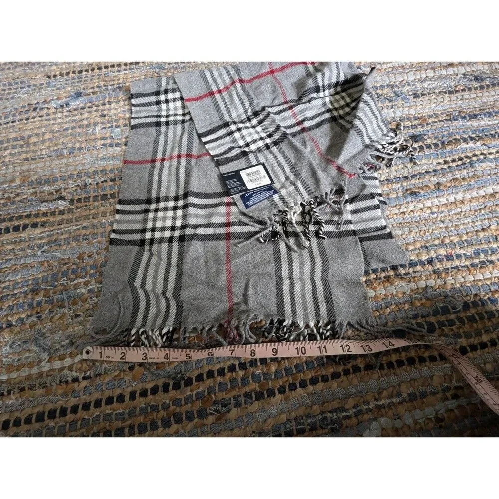 NWT John Ashford Scarf Grey Black White Plaid Fringe 62in X 11in Cozy Warm Neck